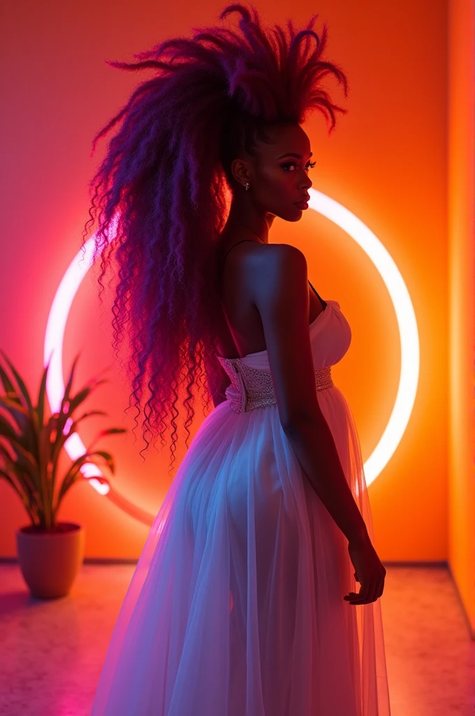 objective, a dark skin Dravidian Moor beauty with insane buttocks (worlds 🌎 largest buttocks), UHD, extremely long (floor-length) mohawk, focus, neon wavy hair mohawk, tiny waist:2, ultra high resolution skin, Womancore, dimly lit orange room with neon ppink ring, DSLR, Vaporwave, wearing long white gown billowing, thick legs, size zero waist chest with huge ass, by DynastySeries, tiniest waist, no nudity #HUGEASS Huge Ass