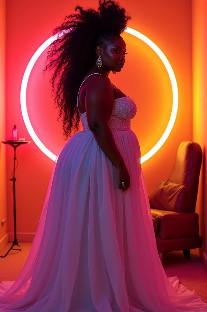 objective, a dark skin Dravidian Moor beauty with insane buttocks (worlds 🌎 largest buttocks), UHD, extremely long (floor-length) mohawk, focus, neon wavy hair mohawk, tiny waist:2, ultra high resolution skin, Womancore, dimly lit orange room with neon ppink ring, DSLR, Vaporwave, wearing long white gown billowing, thick legs, size zero waist chest  with huge ass, by DynastySeries, tiniest waist, no nudity #HUGEASS Huge Ass   