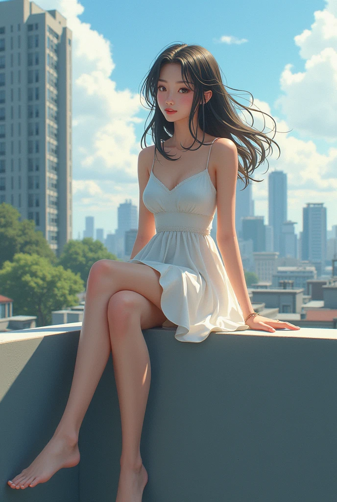 She was sitting on the roptop with same drees