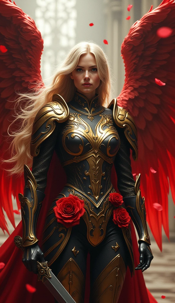 A stunning and powerful image of a celestial warrior, radiating strength and grace. She stands with confidence, adorned in an intricately designed gold and black armor, embellished with red roses that add a touch of beauty and contrast to her formidable presence. Her long, flowing blonde hair frames her serene yet intense face, and her gaze is unwavering, filled with a sense of purpose. Majestic crimson wings extend from her back, their feathers detailed and vibrant, enhancing her angelic yet fierce aura. The background suggests a grand, ancient cathedral, shrouded in a soft, mystical atmosphere with falling petals and subtle lighting that highlights her divine figure. This scene captures the essence of a warrior angel, both beautiful and terrifying.

(((celestial warrior portrait))), full-body shot, soft dramatic lighting, high contrast BREAK ((best quality:1.6)), ((high details:1.5)), ((highres:1.5)), ((4K:1.5)), ((ornate armor:1.3)), ((majestic wings:1.3)) BREAK inspired by the styles of Greg Rutkowski | Raphael Lacoste | Loish | WLOP.