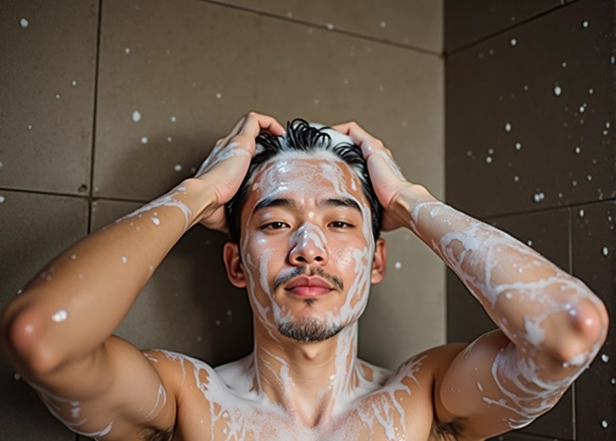 亚洲man,No beard,short hair, Wet hair, shutter, Wet hair with rich white foam, Wet hair, head and shoulders photography, Wet hair, Full head and shoulders, water dripping off him, man, Clean hair, Shot with Sony Alpha 1 camera, beautiful man, Wet flowing hair, Washed away by rain