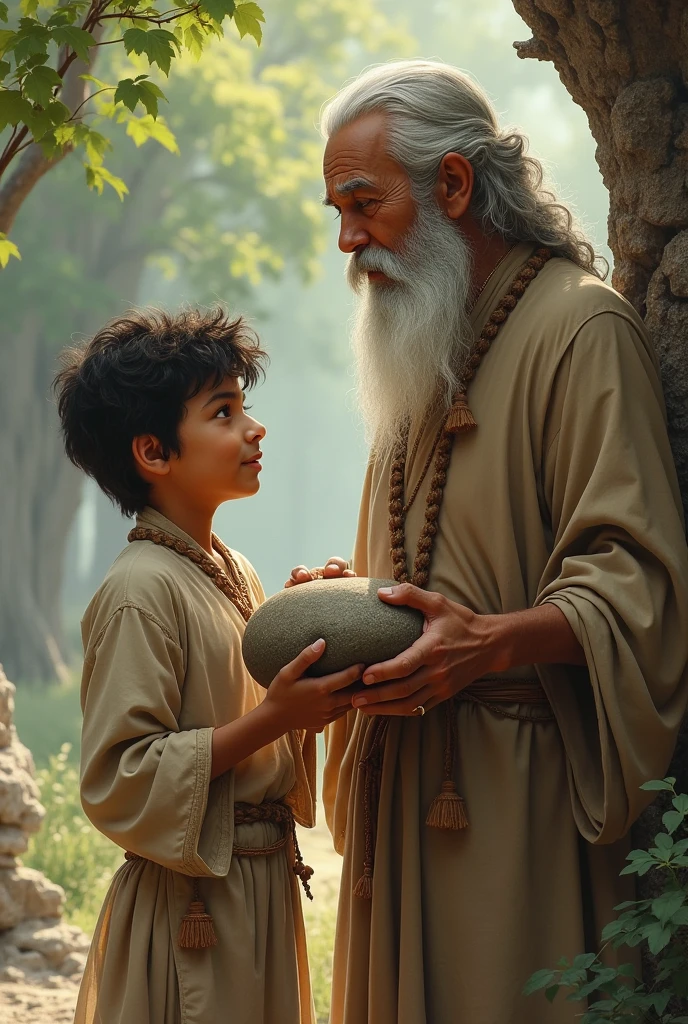 Illustrate the moment Arjun young boy in traditional clothes returns to the sage, holding the stone. The sage smiles warmly as he gently questions Arjun about the weight of the stone. Arjun, still catching his breath, nods with a look of realization dawning on his face. The scene should capture the quiet wisdom of the sage and the change in Arjun’s demeanor, showing his new-found confidence.