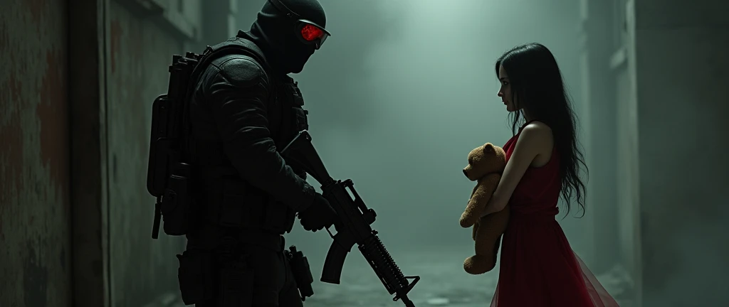 F.E.A.R. operative wearing black tactical balaclava and red googles points with assault rifle at with tall black hair and red dress holding plush bear. She is standing 5m away from him and her eyes are black. Her height is short and his height is tall. Make it in creepy horror style.