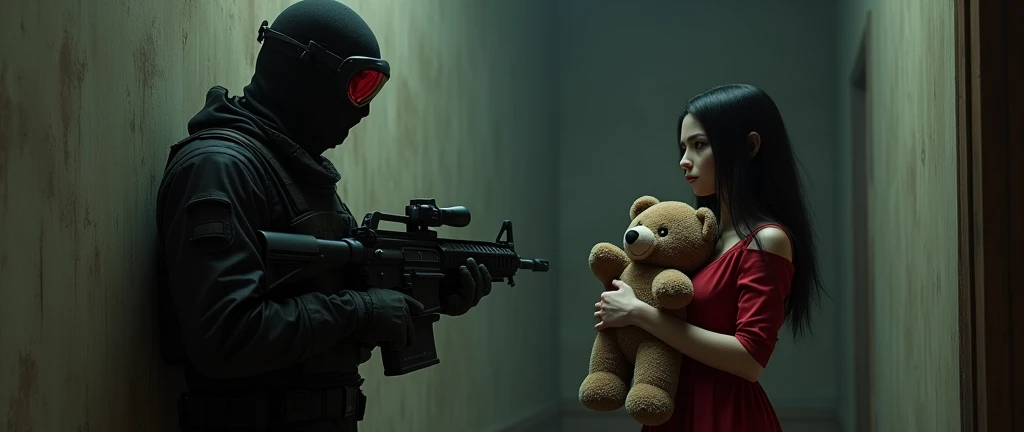 F.E.A.R. operative wearing black tactical balaclava and red googles points with assault rifle at with tall black hair and red dress holding plush bear. She is standing 5m away from him and her eyes are black. Her height is short and his height is tall. Make it in creepy horror style.