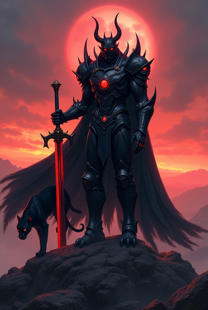 Black demon in black armor, looking back with his red eyes,Stab the two-handed sword into the ground(flashlight),at the edge of the world,Hold the hilt of the sword with both hands(long nails),Black Cape,Otherworldly Armor,a panther on his side,sunset lights hit him,colorfull and high contrast,(Wear a black robe over your armor)