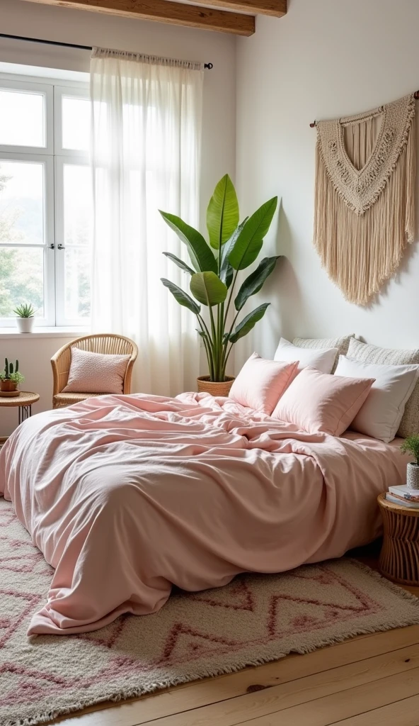 A light-filled bedroom with pale pink velvet bedspread, neutral-toned tribal-inspired rug, large windows, white sheer curtains, rattan furniture, macramé wall hangings, potted plants, light wood floors, pastel accents, bohemian minimalism, interior design photography