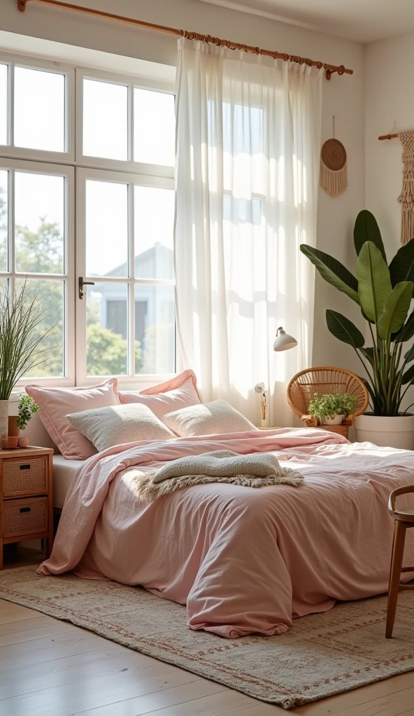 A light-filled bedroom with pale pink velvet bedspread, neutral-toned tribal-inspired rug, large windows, white sheer curtains, rattan furniture, macramé wall hangings, potted plants, light wood floors, pastel accents, bohemian minimalism, interior design photography