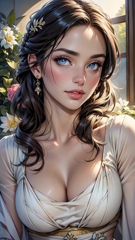 (top quality,4K,8 K,a high resolution,masterpiece:1.2),super detailed,(realistic,photorealistic,photo-realistic:1.37),detailed and beautiful eyes,thick and beautiful lips,very detailed eyes and face,long eyelashes,[USA, bright colors,soft natural light,romantic atmosphere,bright flowers, flowy dress,feminine and elegant pose,Happy and confident look, Haute Couture Style, Dreamy landscapes, Artistic portrait, quality of art printing, oil painting techniques, impressionistic style.