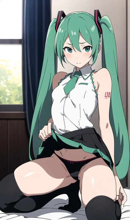 masterpiece, best quality, hatsune miku, cute, y, black pannee socks, undressing