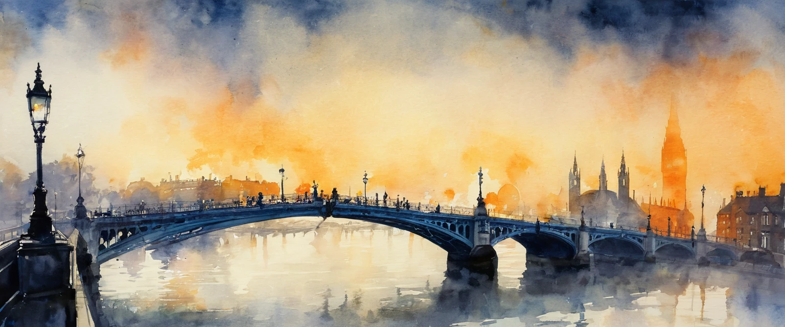 (watercolor), landscape, (fog), London, River Thames, bridge, Orange streetlights, fogに包まれた街, Midnight, dim