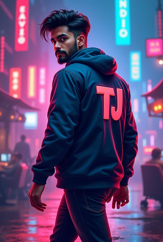Gaming logo for my youtube channel I am a young Indian man of age 23 with a little beard write TJ on back entering into a gaming world