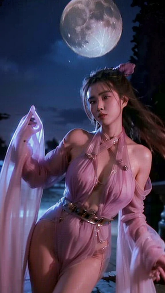 A Chinese woman in an ancient pink, sheer dress stands amidst an ancient Chinese city. Her entire front is visible against the backdrop of a moonlit night with a full moon.