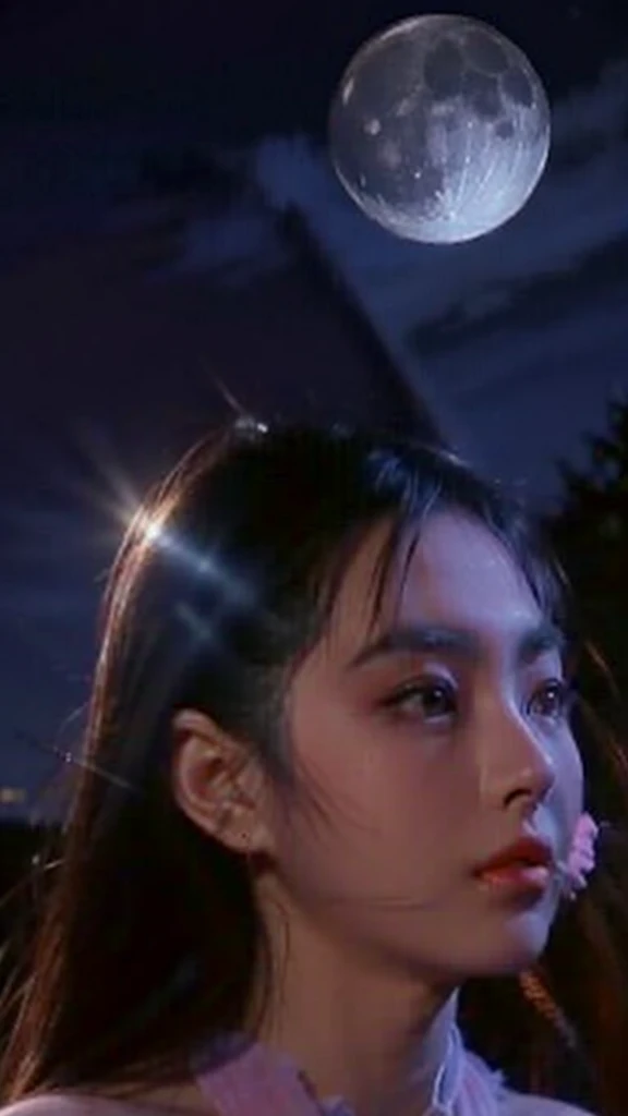A Chinese woman in an ancient pink, sheer dress stands amidst an ancient Chinese city. Her entire front is visible against the backdrop of a moonlit night with a full moon.
