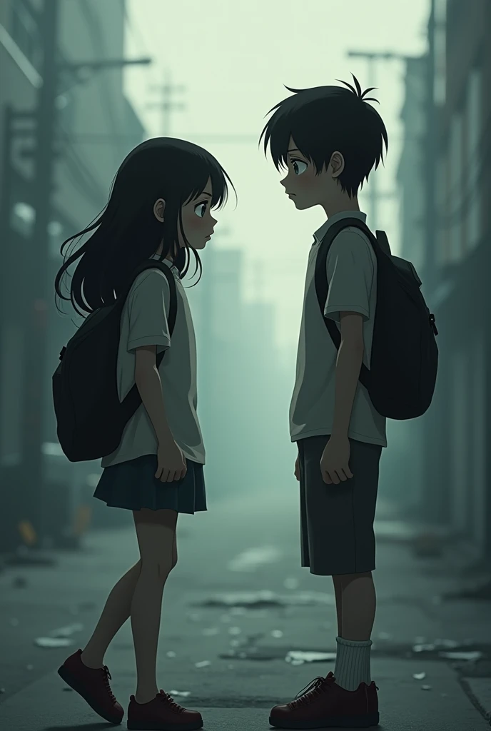 An image where a teenage girl is looking down sadly and walking towards a teenager who is looking down with disdain as he walks towards her. 