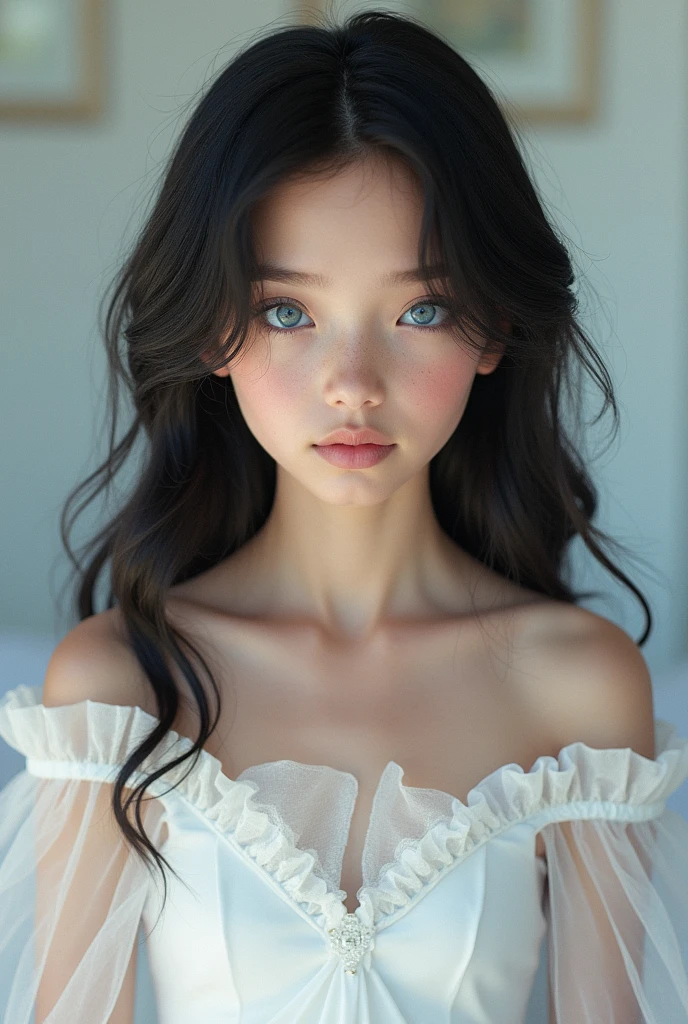 A beautiful and beautiful young princess with black hair with blue eyes, she is wearing her beautiful long white dress