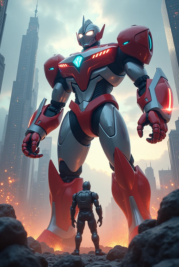 (best quality,4k,8k,highres,masterpiece:1.2),ultra-detailed,(realistic,photorealistic,photo-realistic:1.37),Ultraman,waybig,ben10,giant robot,heroic pose,detailed mechanical design,futuristic technology,glowing energy effects,dynamic action scene,urban landscape,detailed city buildings,dramatic lighting,cinematic composition
