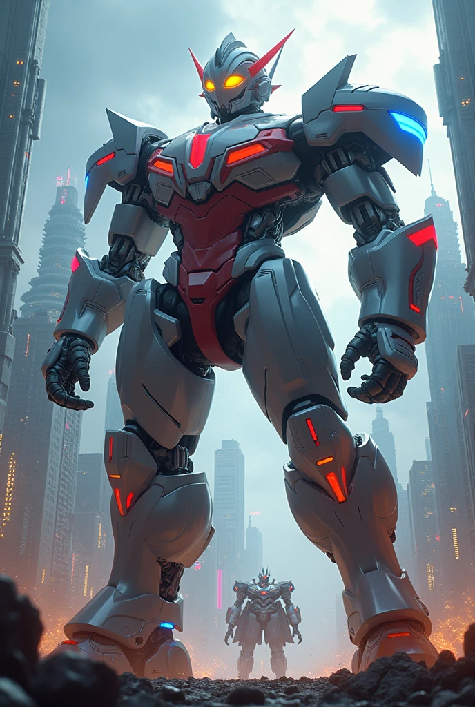 (best quality,4k,8k,highres,masterpiece:1.2),ultra-detailed,(realistic,photorealistic,photo-realistic:1.37),Ultraman,waybig,ben10,giant robot,heroic pose,detailed mechanical design,futuristic technology,glowing energy effects,dynamic action scene,urban landscape,detailed city buildings,dramatic lighting,cinematic composition