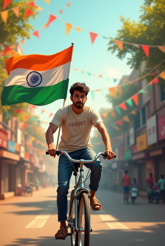 “Scene of a 30-year-old Indian boy riding a bicycle with the Indian flag attached to the back. The streets are decorated with tricolor flags and streamers. His t-shirt reads ‘Nishant,’ and the text ‘Happy Independence Day’ is displayed in 3D at the top.”