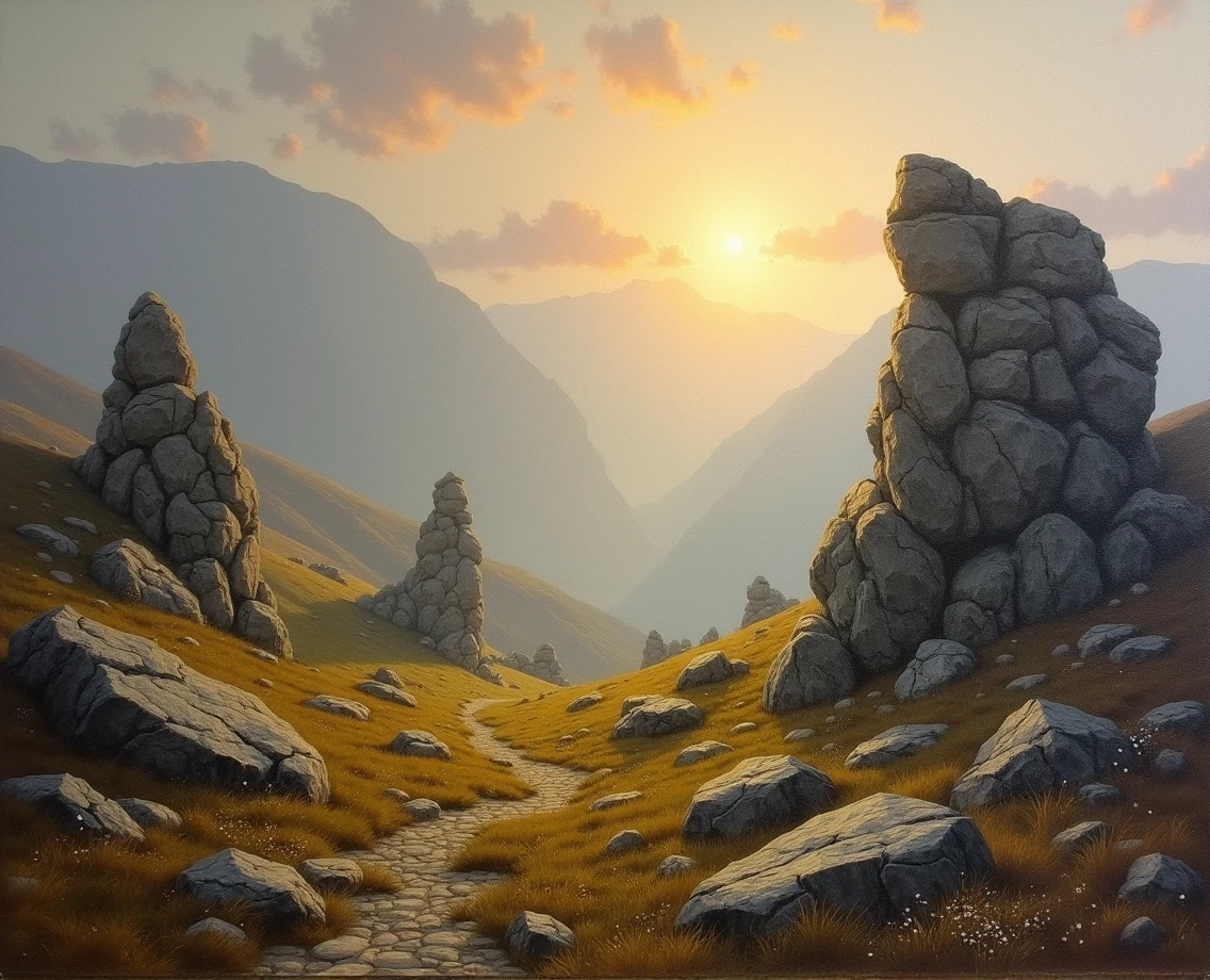 Peak District, stones, rocks, haze, mist, diffusion light, bright, evening , oil painting , Turner style