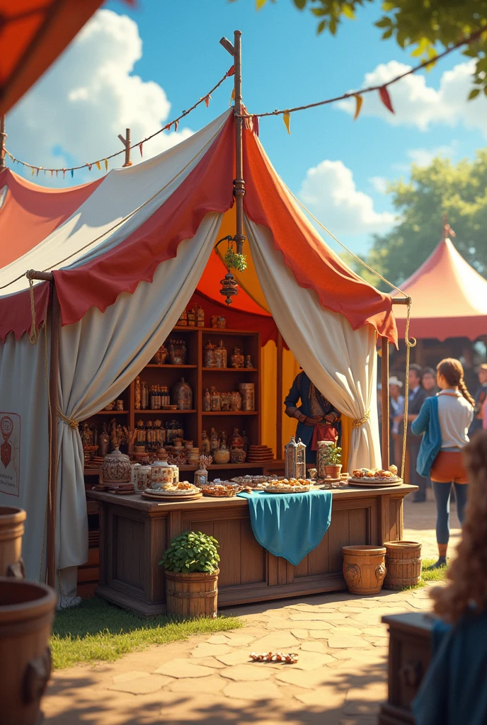 small camping tent with booth table, cosplay event, medieval fair