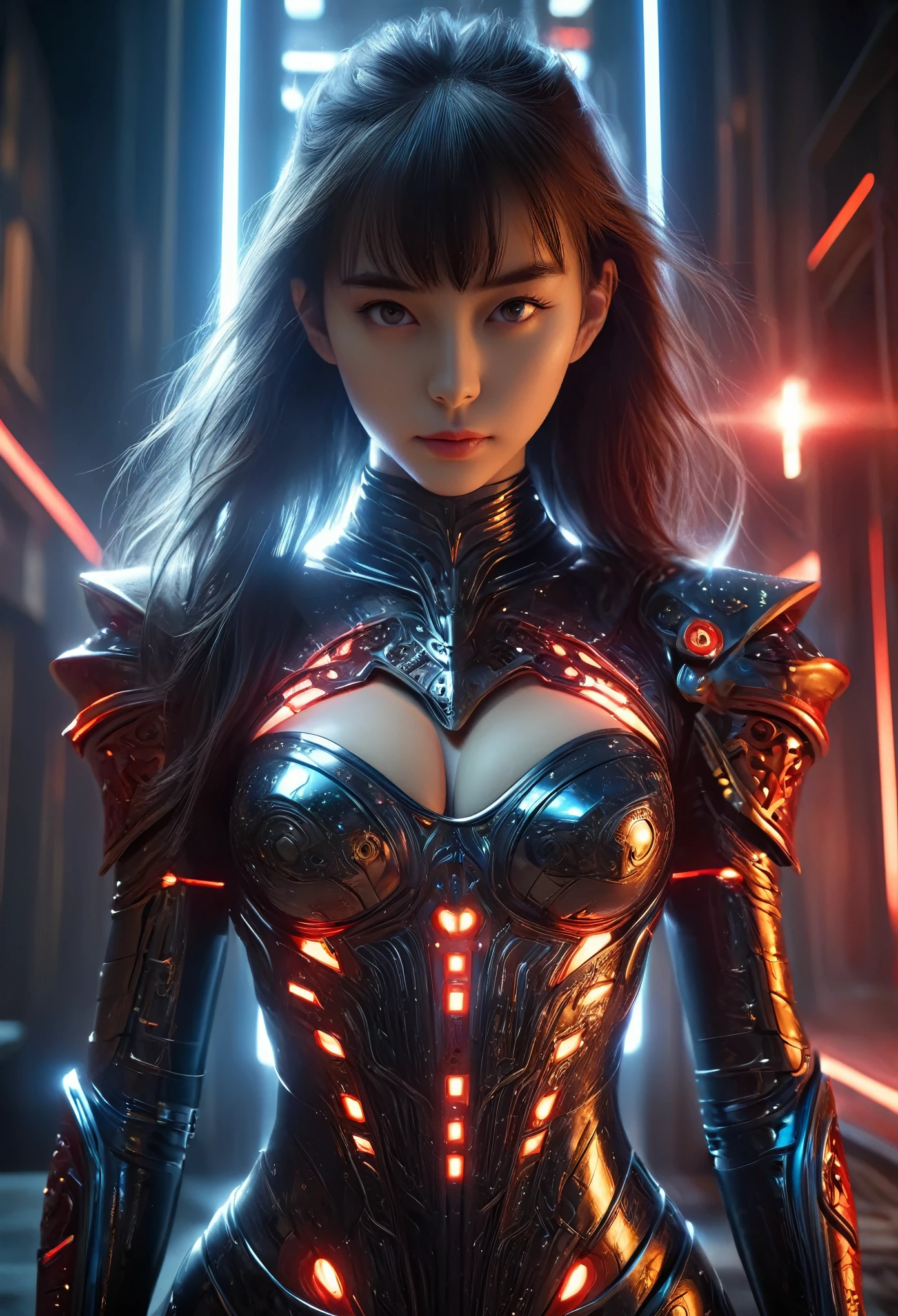 (Best Quality, 4K, 8K, High Resolution, Masterpiece: 1.2), (Super Detailed, Realistic, Photorealistic:1.37), A woman in futuristic clothing, Trending on cgstation, Trending on cgstation, (Portrait of a girl in the Knights of the Zodiac:1.4), blunt bangs, Cute Cyborg Girl, Perfect android girl, Portrait Astronaut Girl, Beautiful girl cyborg, (Girl wearing iridescent and red black mechanical cyber armor:1.3), Game CG, cgsociety and fenghua zhong, Beautiful Cyborg Shrine Maiden, Bioluminescence, (Yua Yaiba:0.5), (Golden eyes:1.5), Anatomically correct grip, (Sharp and long claws:1.4), erotic and sexy, black, wearing A gorgeous cape with beautifully detailed embroidery, (beautiful tits, beautiful breasts, beautiful nipples:1.5), (NSFW:1.5)