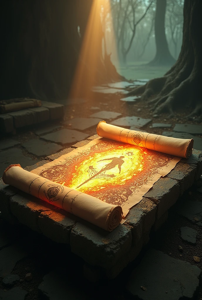 An ancient, weathered scroll spread out on a stone altar, with intricate, glowing symbols and illustrations depicting a great prophecy. The scroll is illuminated by a beam of soft, golden light, with the dark forest surrounding it in shadow. The illustrations show a figure with the same mark as the newborn, standing against a backdrop of flames and darkness. The scene is mystical and reverent, with the scroll seeming to pulse with a life of its own.
