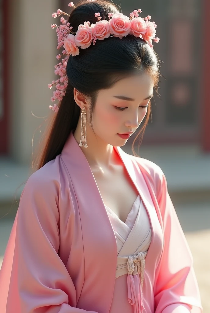 araffe woman in a pink dress with a flower crown on her head, a colorized photo inspired by Lan Ying, trending on cg society, realism, hanfu, palace , a girl in hanfu, ancient chinese princess, a beautiful fantasy empress, ancient china art style, ancient asian dynasty princess, chinese empress, white hanfu, chinese princess,looking down,