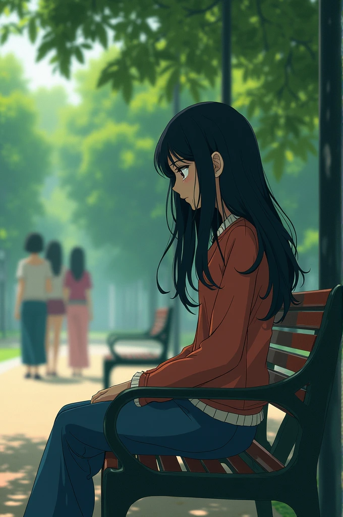 Creat a sad almost crying looks on her face long black hair form side view girl waiting for boy on banch and girls look at the ground in background make a park type and girls clothes colourful , gils looks little older like 27 age , give a looks like anime form japanese