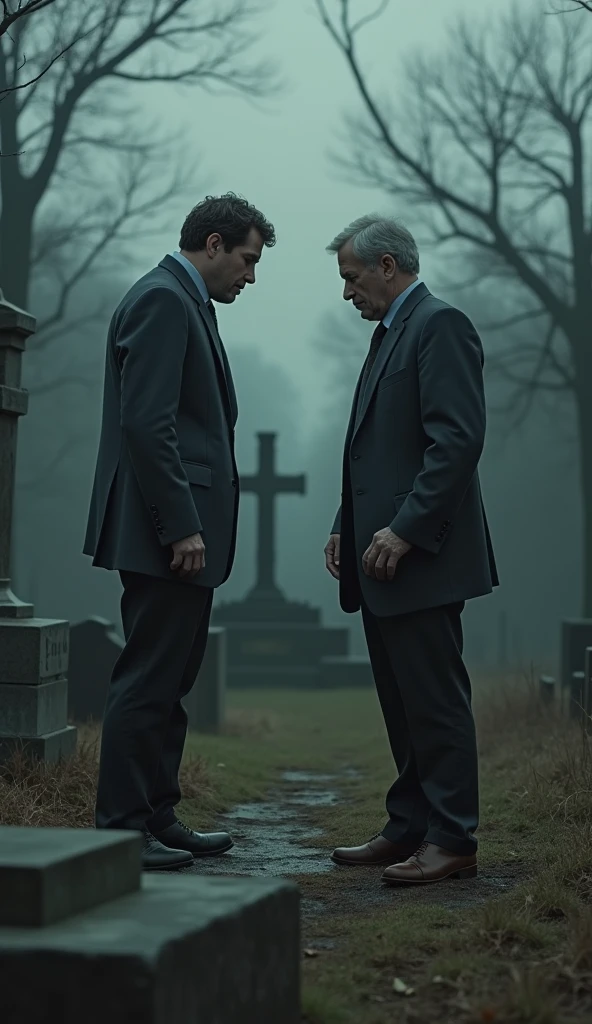 In a poignant scene, the husband stands alone at his wife's grave, his sorrow evident. A man approaches and asks how he will manage without her help. The husband then reveals the truth about his feigned blindness."