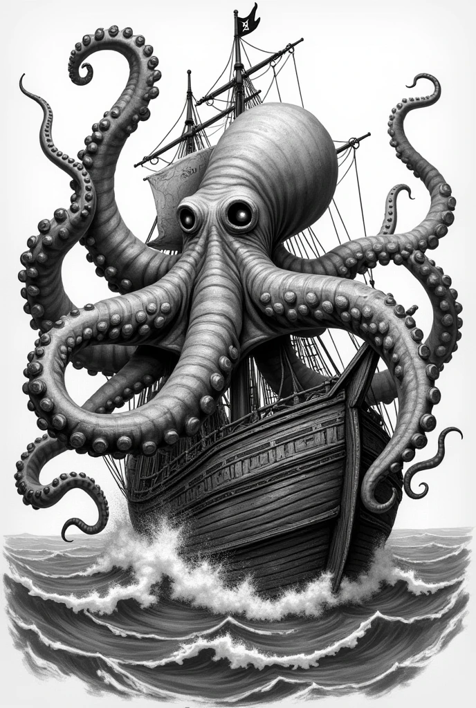 A tattoo sketch of a gigant octopus destroying a pirate ship in the ocean in black and white