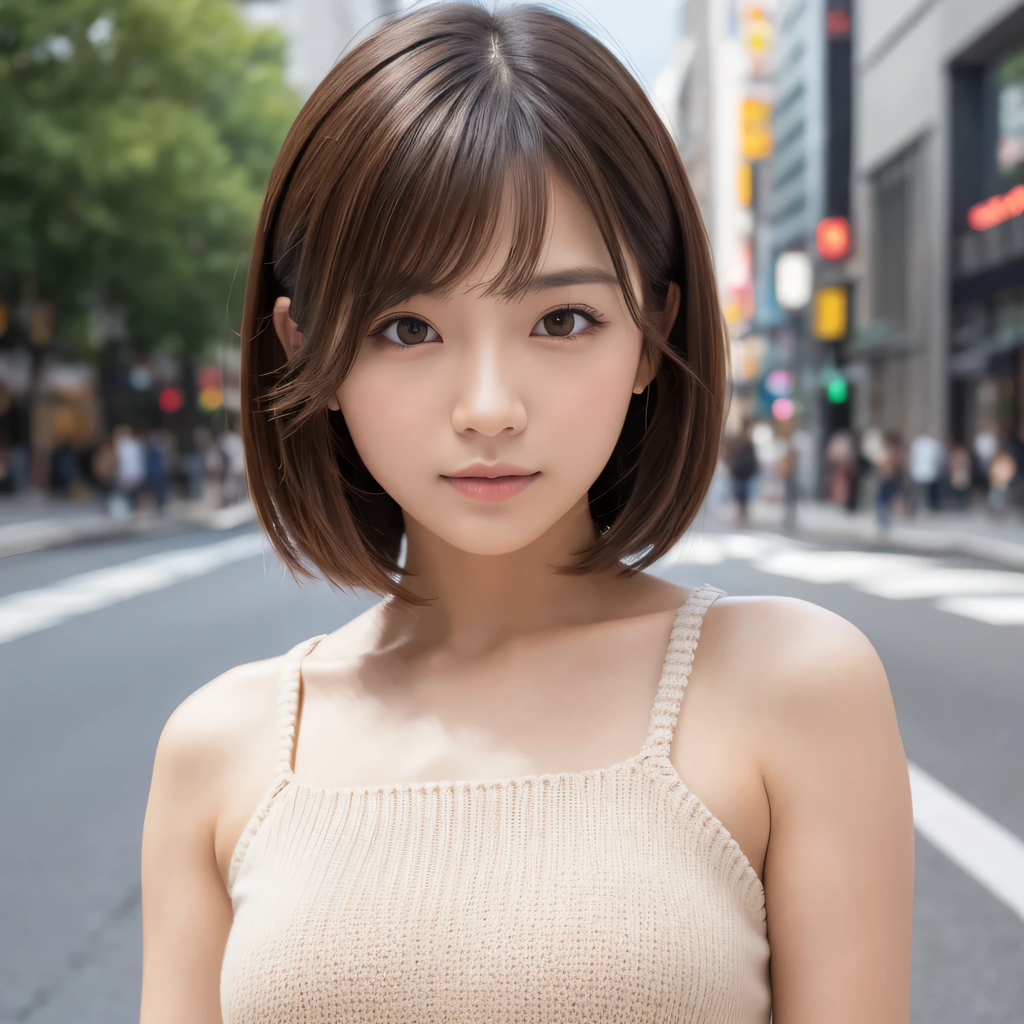 masterpiece, 1 beautiful girl, detailed eye, puffy eyes, top-quality, ultra high resolution, (8K), (reality:1.4), daytime, at street, cinematic lighting, asian beauty, super beauty, beautiful skin, body facing forward, (hyper-realistic), (highly detailed), (beautifully detailed eyes), detailed face, bright lighting, professional lighting, looking at viewer, facing straight ahead, cream knitted dress, light brown hair, bangs, short bob hair, Japanese idol, Korean idol, gravure idol pose, (accurate anatomy:1.1),