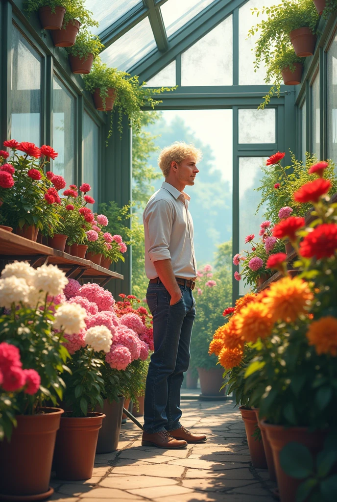 extremely delicate and beautiful, Amazing, finely detail, masterpiece, ultra-detailed, highres,best illustration, best shadow,intricate,sharp focus,  high quality, 1male, solo, blond hair. red eyes, kaveh genshin impact, glass greenhouse, flowers in pots, flowers for sale, man looking at flowers, flowers everywhere