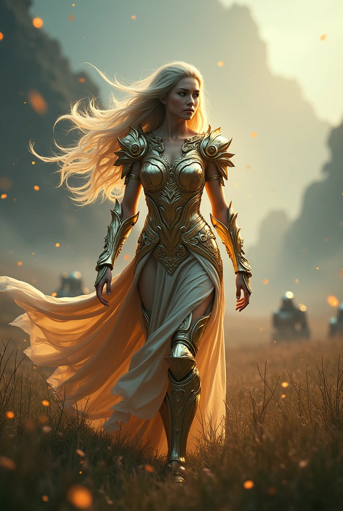 gladiator,Gold Saints,Knights of the Zodiac,war effect,REAL - style image of a woman  in a field, cyberpunk art inspired by Leng Mei, cgsociety contest winner, fantasy art, beautiful Mistresses gladiator girl,  knight girl, as a mystical valkyrie, battle Knights of the Zodiac, Saints in sexy gold bondage armor, mechanized valkyrie girl, unreal engine 4k wallpaper, wraith from apex legends, 