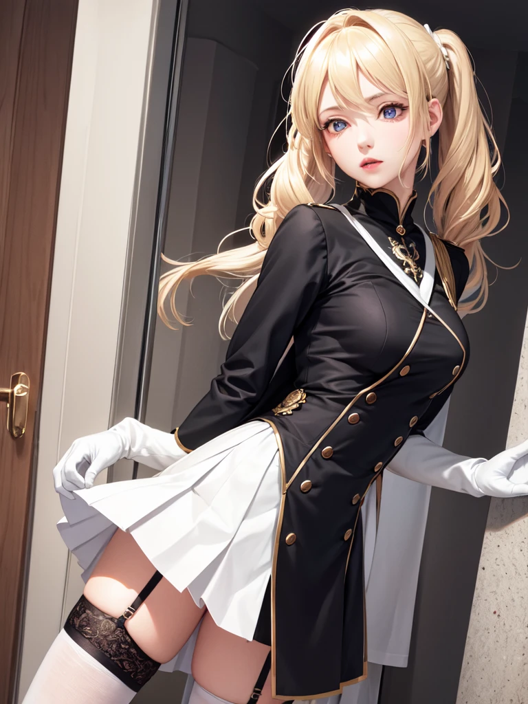 (Ultra extreme detailed),(Masterpiece),(Ultra extreme),(Realistic),CG,(color:1.2), Strong lighting,Light from behind,evaluation:Safety,One blonde, one alone., white,Blonde ponytail,Twin tails、short hair,length hair,blue eyes,white_gloves,garter_strap,absolute_ryouiki,Pleats_skirt,white_skirt,whitecolorストーキング,expensive_Heel,white shrite,length_sleeve,black_Cape,short_whiteいビキニ服、Inside the store