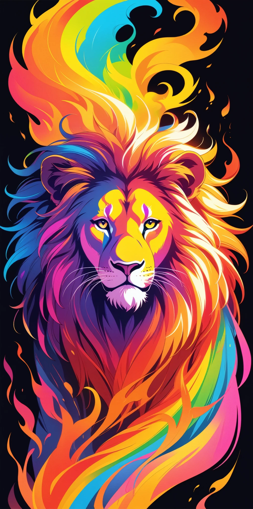 A colorful neon rainbow smoke of a Lion on the fire, an ethereal flame from Lion, vibrant colors, in the style of vector art, isolated on a black background with no shadows in the anime. --s 800 --style raw --niji 6