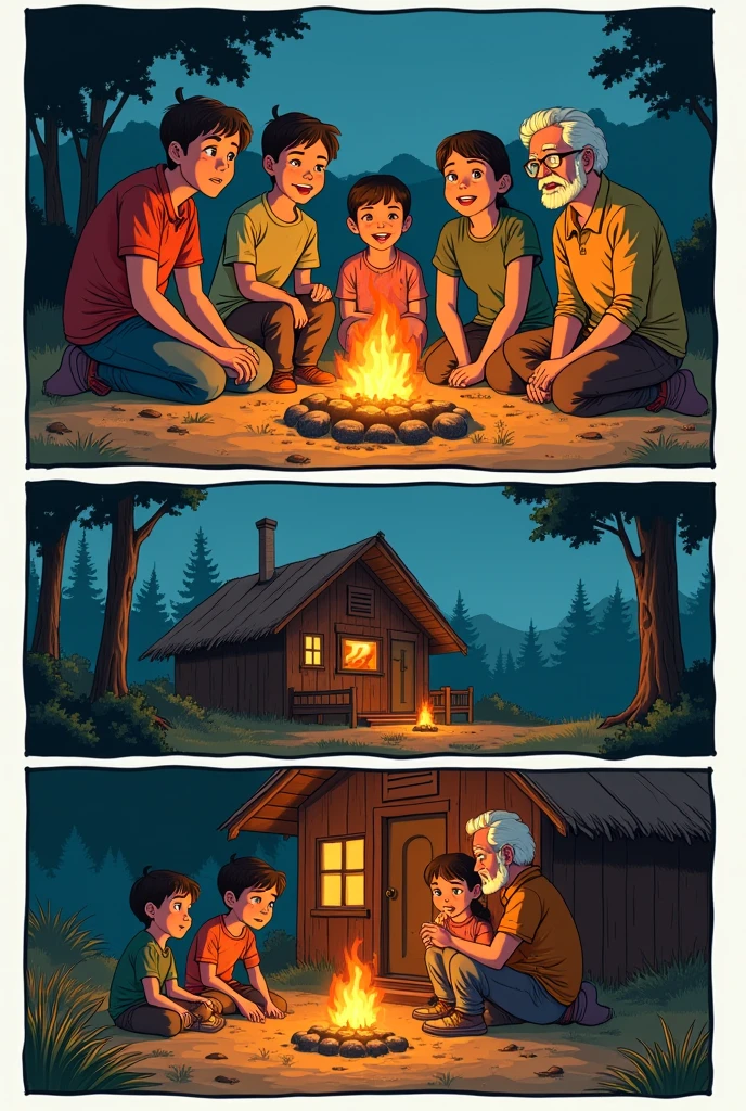 Give me a picture of a comic and have a 5 panels
In the first panel is there was a family reunion camping and in the middle was the campfire and in the second panel theres three brothers and sisters gathered and they talking in the middle of the campfire and the third panel Their grandfather and grandmother let them inside the hut and on the fourth panel they enter the hut where they stay inside