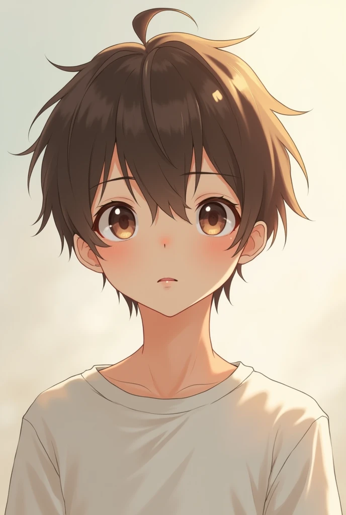 mouthless anime boy with brown hair and wearing a white t-shirt