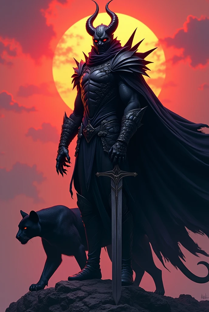 Black demon in black armor is looking back with his red eyes,Stab the two-handed sword into the ground(flashlight),at the edge of the world,Hold the hilt of the sword with both hands(long nails),Black Cape,Otherworldly Armor,a panther on his side,sunset lights hit him,colorfull and high contrast,(Wear a black robe over your armor)