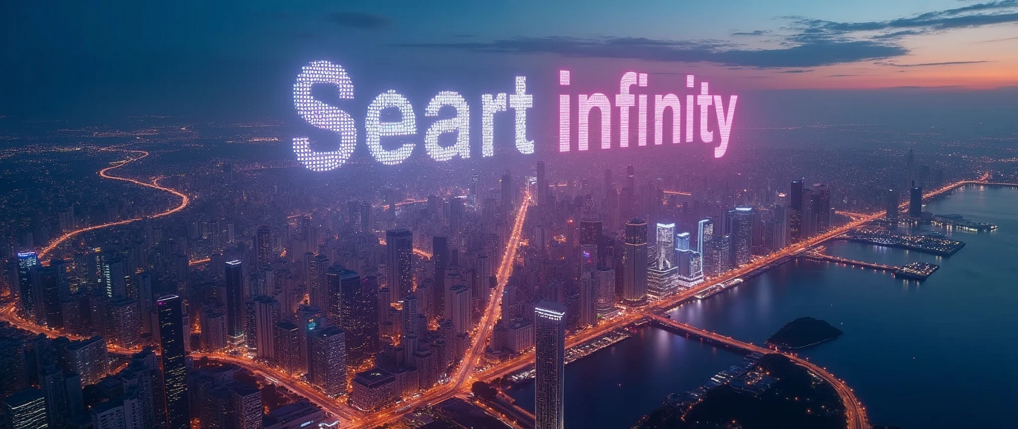 Landscape Photography,Shot from an airplane,(Future City:2.0),(with rainbow colored 3D holograms"Projecting the words 'Seaart infinity' onto the night sky:2.0),(masterpiece:1.2,Highest quality,Ultra-high resolution,Very detailed,8k,Realistic,Best aesthetics),beautiful,(dynamic)