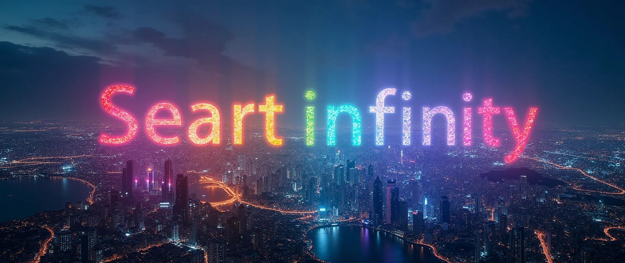 Landscape Photography,Shot from an airplane,(Future City:2.0),(with rainbow colored 3D holograms"Projecting the words 'Seaart infinity' onto the night sky:2.0),(masterpiece:1.2,Highest quality,Ultra-high resolution,Very detailed,8k,Realistic,Best aesthetics),beautiful,(dynamic)