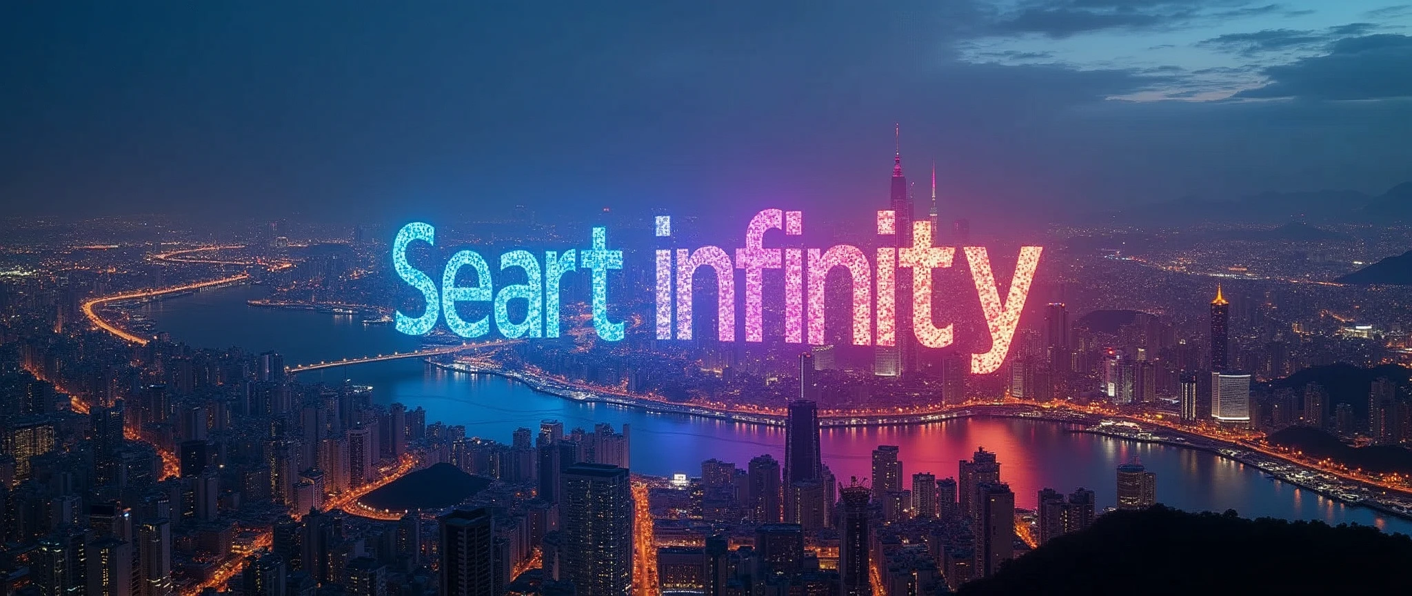 Landscape Photography,Shot from an airplane,(Future City:2.0),(Rainbow colored 3D hologram"Projecting the words 'Seaart infinity' onto the night sky:2.0),(masterpiece:1.2,Highest quality,Ultra-high resolution,Very detailed,8k,Realistic,Best aesthetics),beautiful,(dynamic)