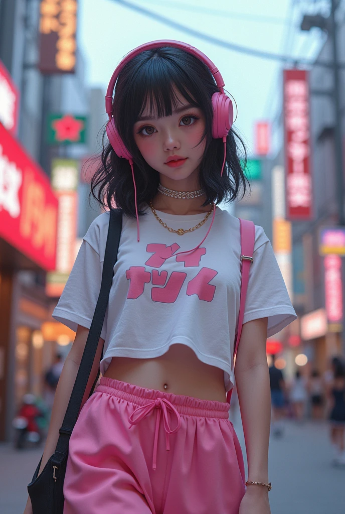 masterpiece, high quality, 4K, Beautiful design, (from the front),Award-winning photo, Very detailed, ((small breasts:1.5)),wonderful, The finer details, absurdists, A girl walking down Takeshita Street in Harajuku,Very detailed woman,Pink makeup, Harajuku Girl,Skater Fashion),(Short length T-shirt),Loose pants style,(Skater Fashion with Headphones),Hyperrealistic paintings inspired by Yanjun Chen, instagramart, digital art,Pop Makeup Style, ig model | ArtJam,Very beautiful and cute teenage girl, Surreal Teen, A face like Ester Exposito,(A rich expression:1.5),