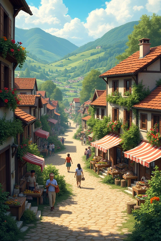 Picturesque Countryside with road, cobblestone, market and wide space