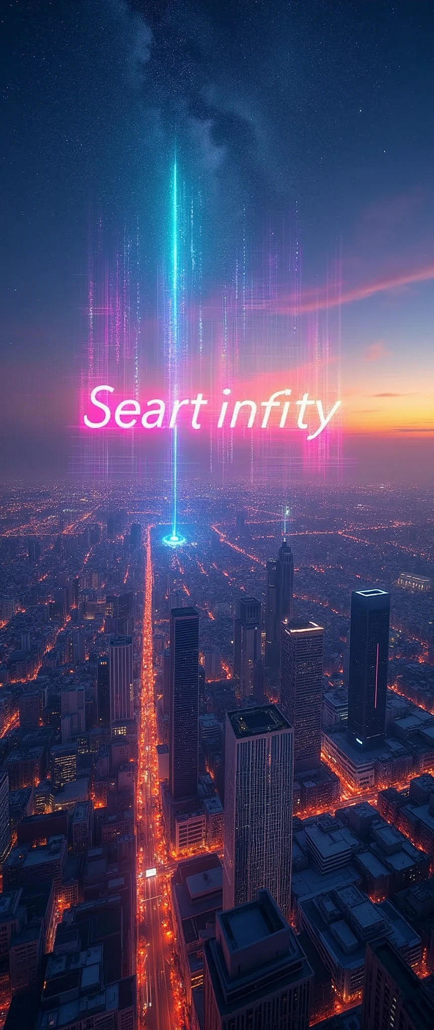 Landscape Photography,Shot from an airplane,(Future City:2.0),(Rainbow colored 3D hologram"Projecting the words 'Seaart infinity' onto the night sky:2.0),(masterpiece:1.2,Highest quality,Ultra-high resolution,Very detailed,8k,Realistic,Best aesthetics),beautiful,(dynamic)