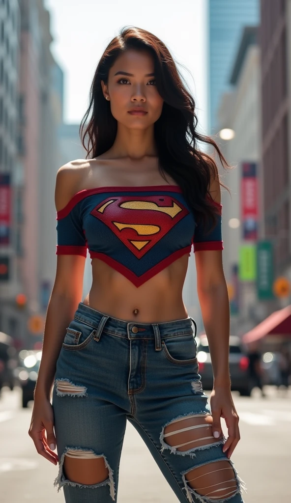 Hot Asian woman, Supergirl otufit,((best quality)), ((masterpiece)), (detailed), 1girl, Off shoulder shirt,superman logo, ripped jeans, standing pose at city street