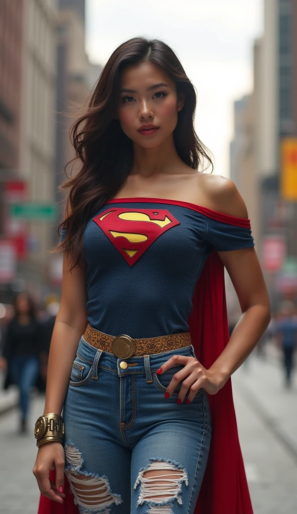 Hot Asian woman, Supergirl otufit,((best quality)), ((masterpiece)), (detailed), 1girl, Off shoulder shirt,superman logo, ripped jeans, standing pose at city street