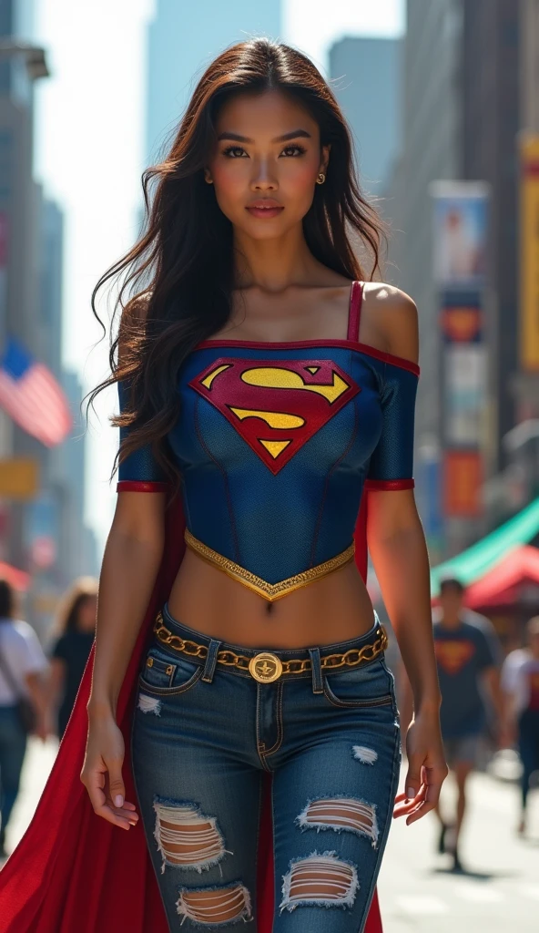 Hot Asian woman, Supergirl otufit,((best quality)), ((masterpiece)), (detailed), 1girl, Off shoulder shirt,superman logo, ripped jeans, standing pose at city street