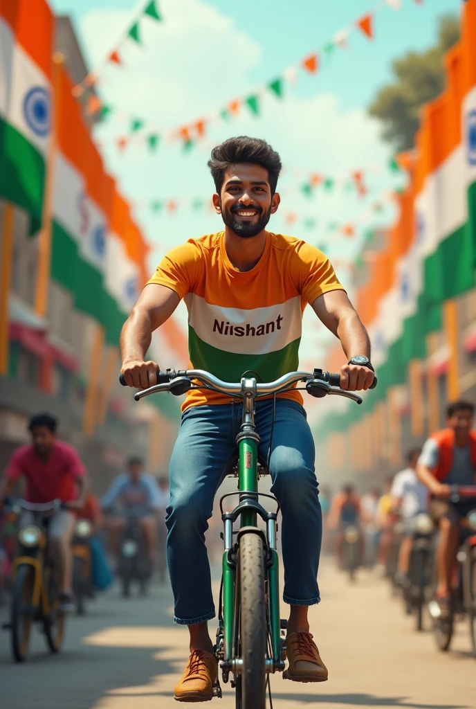 “Scene of a 30-year-old Indian boy riding a bicycle with the Indian flag attached to the back. The streets are decorated with tricolor flags and streamers. His t-shirt reads ‘Nishant,’ and the text ‘Happy Independence Day’ is displayed in 3D at the top.”
