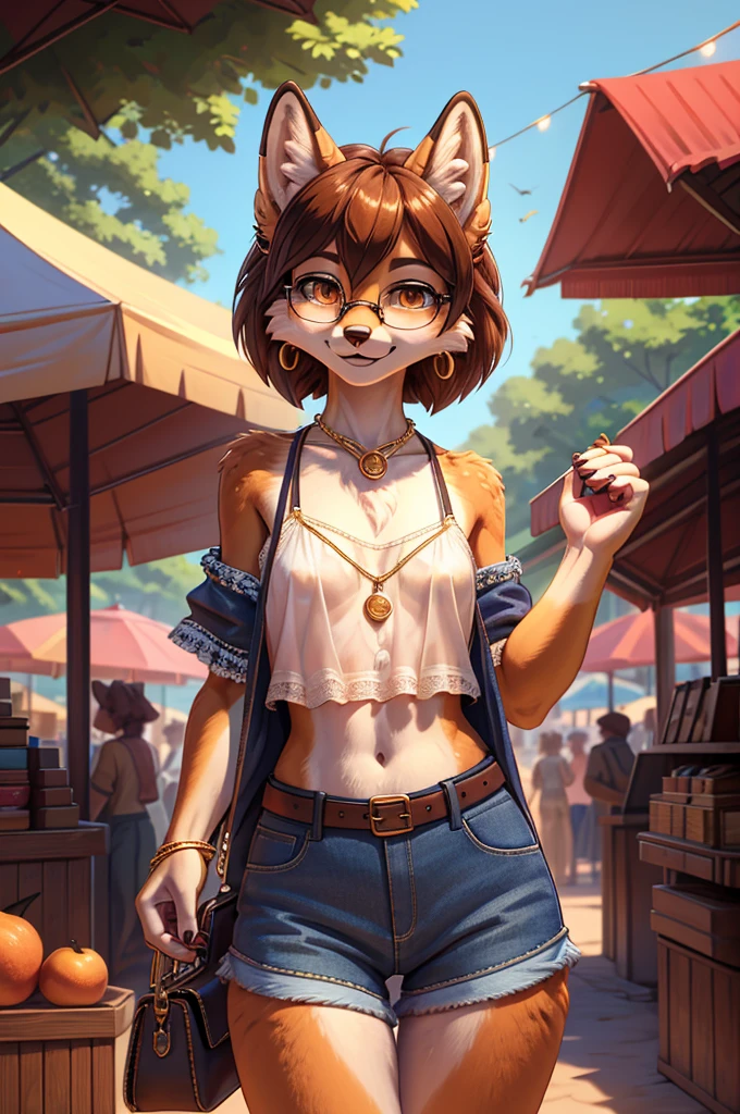 A beautiful, (masterpiece), high quality, perfect lighting, highly detailed CG Unity 8k wallpaper, high resolution, perfect lighting, youthful, adolescent, slim, skinny, frail slender figure, distinctly feminine figure, narrow hips, close-up shot, detailed face, medium plump breasts, thigh gap, legs spread, thighs spread, legs wide open Species: Red fox
Hair: Vibrant teal blue, wavy shoulder-length bob with side-swept bangs, slightly tousled texture
Eyes: Striking amber eyes with subtle gold flecks
Fur: Primarily russet orange fur with white underbelly, black ear tips and paws, and a unique swirling pattern of darker orange fur across her cheeks and forehead
Clothes: Vintage-inspired outfit consisting of a fitted mustard yellow cropped cardigan over a white lace-trimmed camisole, high-waisted wide-leg indigo denim culottes, and a thin brown leather belt with a brass buckle
Accessories: Round tortoiseshell glasses perched on her nose, multiple small gold hoop earrings along each ear, a delicate gold chain necklace with a tiny acorn pendant, and a woven straw handbag with leather straps slung over one shoulder
Pose: Slightly tilted head, one paw raised to adjust her glasses
Expression: Curious and attentive, with a hint of a smile playing at the corners of her mouth
Activity: Browsing through a quaint open-air flea market
Background: A bustling outdoor marketplace with soft-focus stalls of antiques and curios visible behind her, dappled sunlight filtering through trees overhead