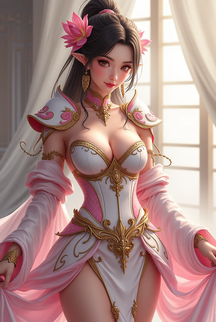 a sexy woman in a white gold and pink lotus lace armor skirt, chengwei pan on artstation, by Yang J, detailed fantasy art, stunning character art, fanart best artstation, epic exquisite character art, beautiful armor, extremely detailed artgerm, detailed digital anime art, artgerm on artstation pixiv, armor girl, cleavage big breasts:1.2, (mini skirt:1,5)